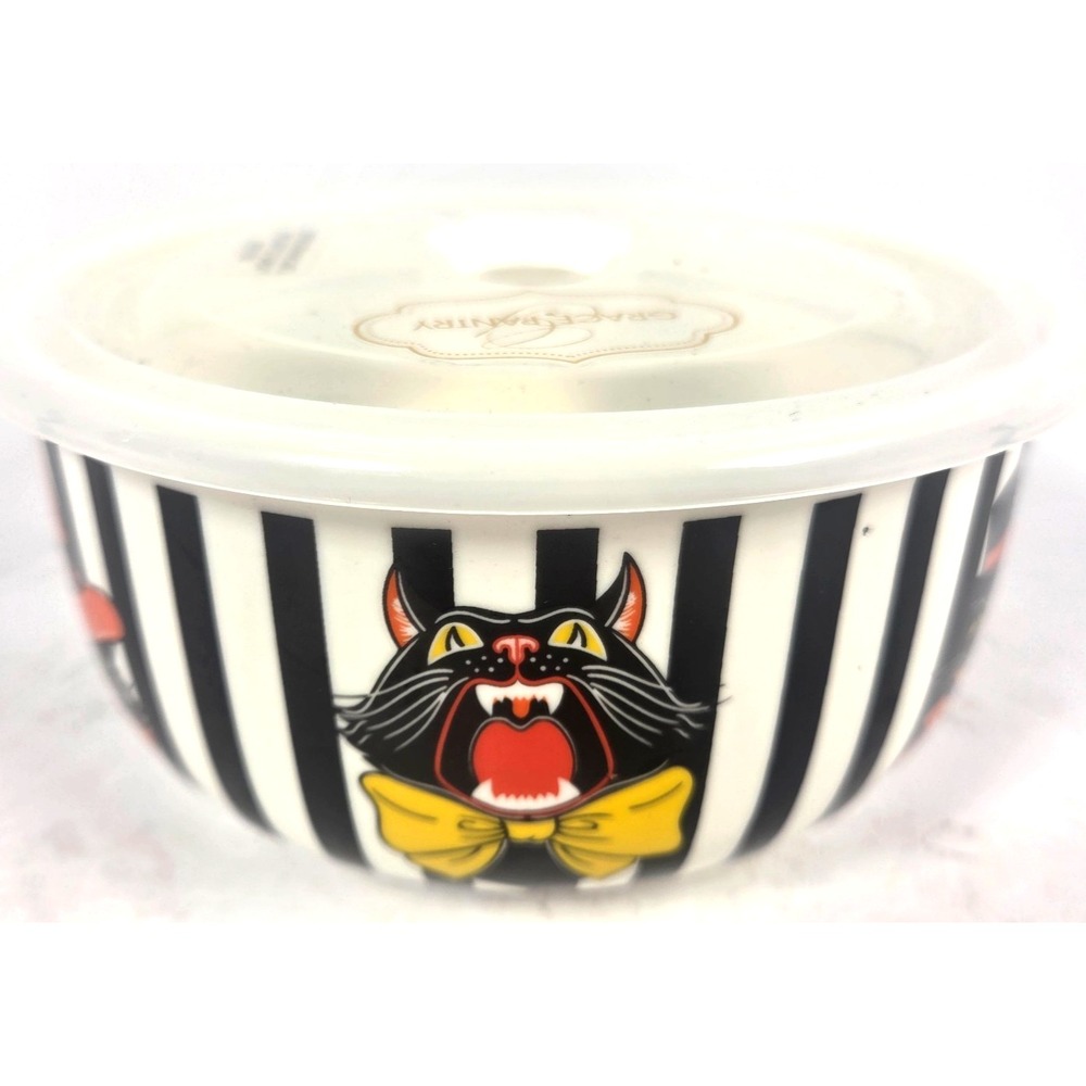 Grace Pantry Halloween Black Cat Porcelain Bowl Lid Striped Microwave Safe 6 Inc